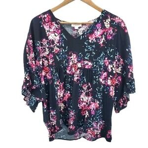 Andree By Unit Womens L Black Floral Boho Babydoll Ruffle Sleeve Flowy Tunic Top